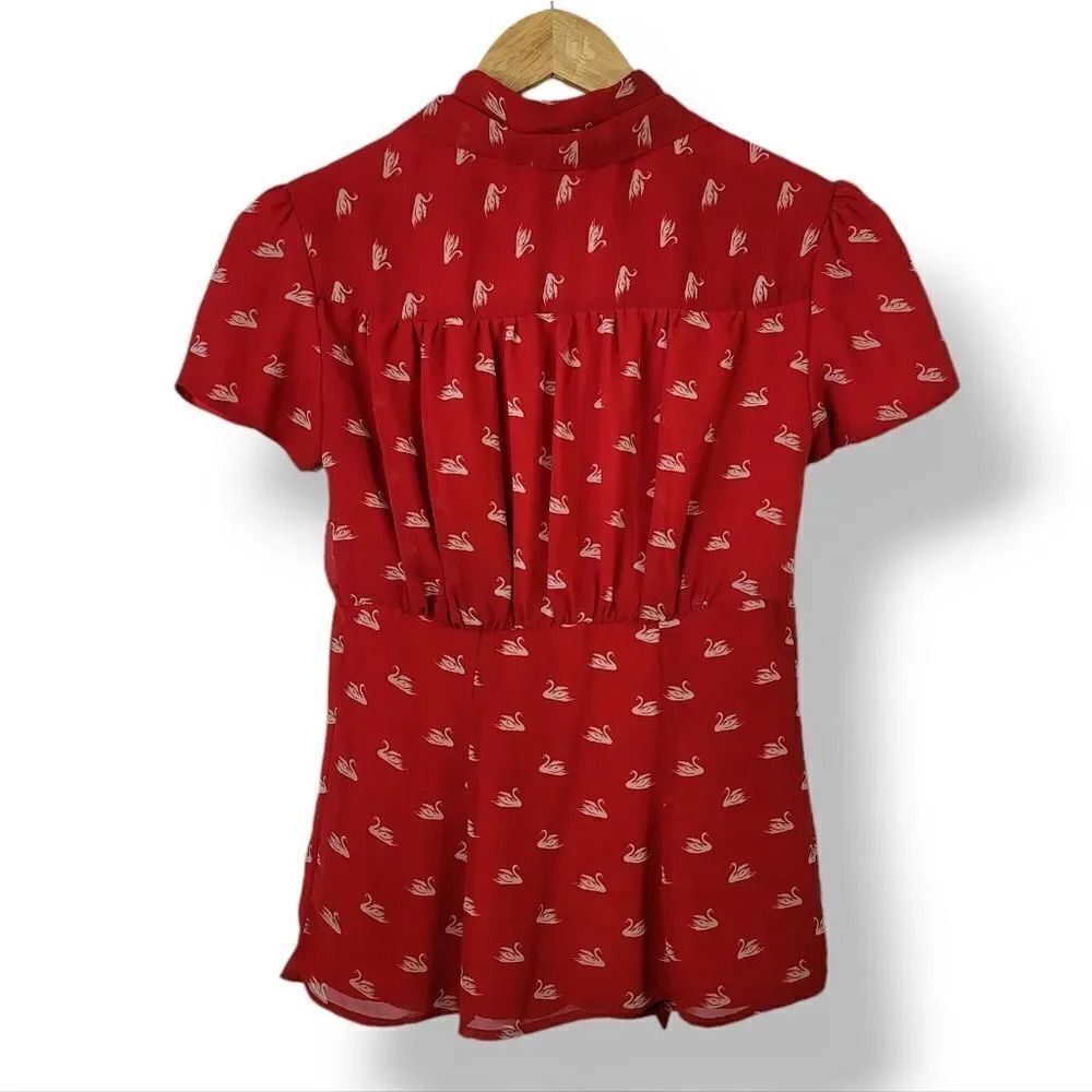 eShakti Swanning Around Tie Neck Button Down Heirloom Blouse in Red Size Small - Picture 3 of 8
